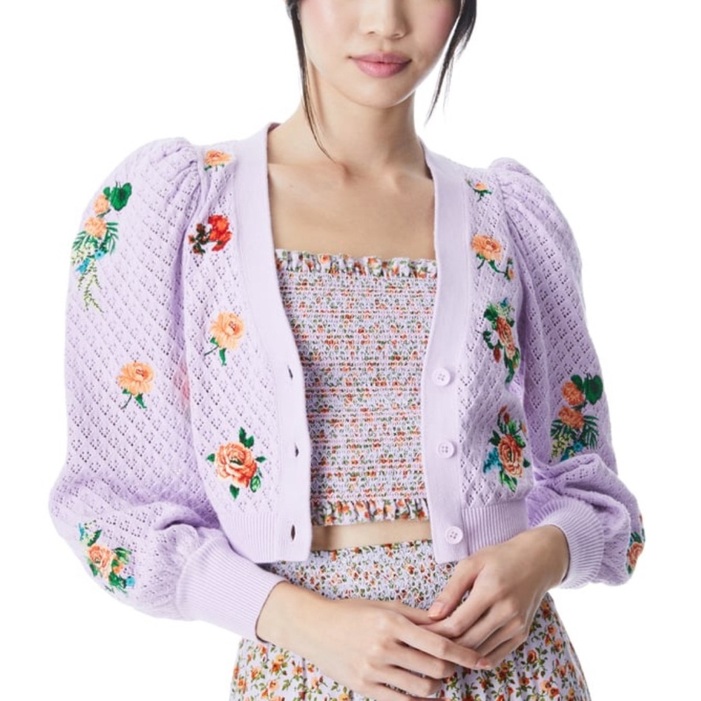 Alice & Olivia Morita Floral Puff Sleeve Cardigan